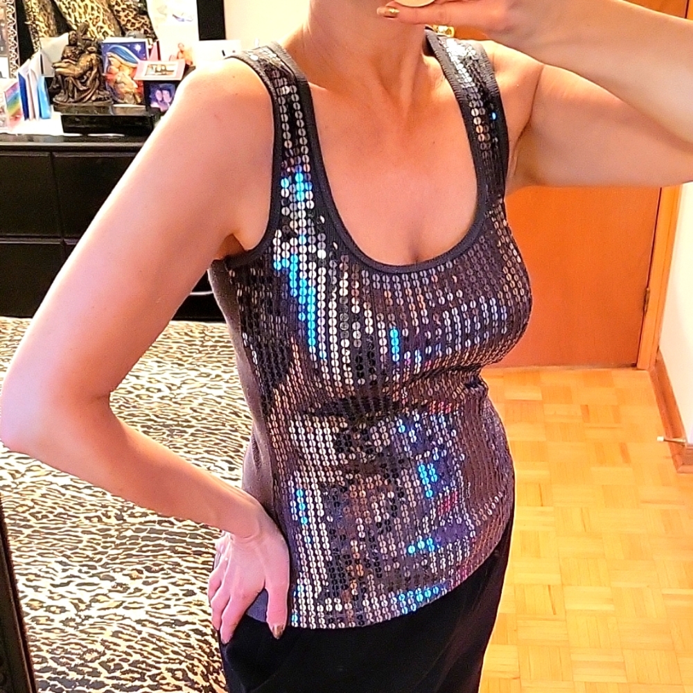NWOT Shimmering Charcoal Grey/Silver Sequin Stretch-Knit Tank Top, M